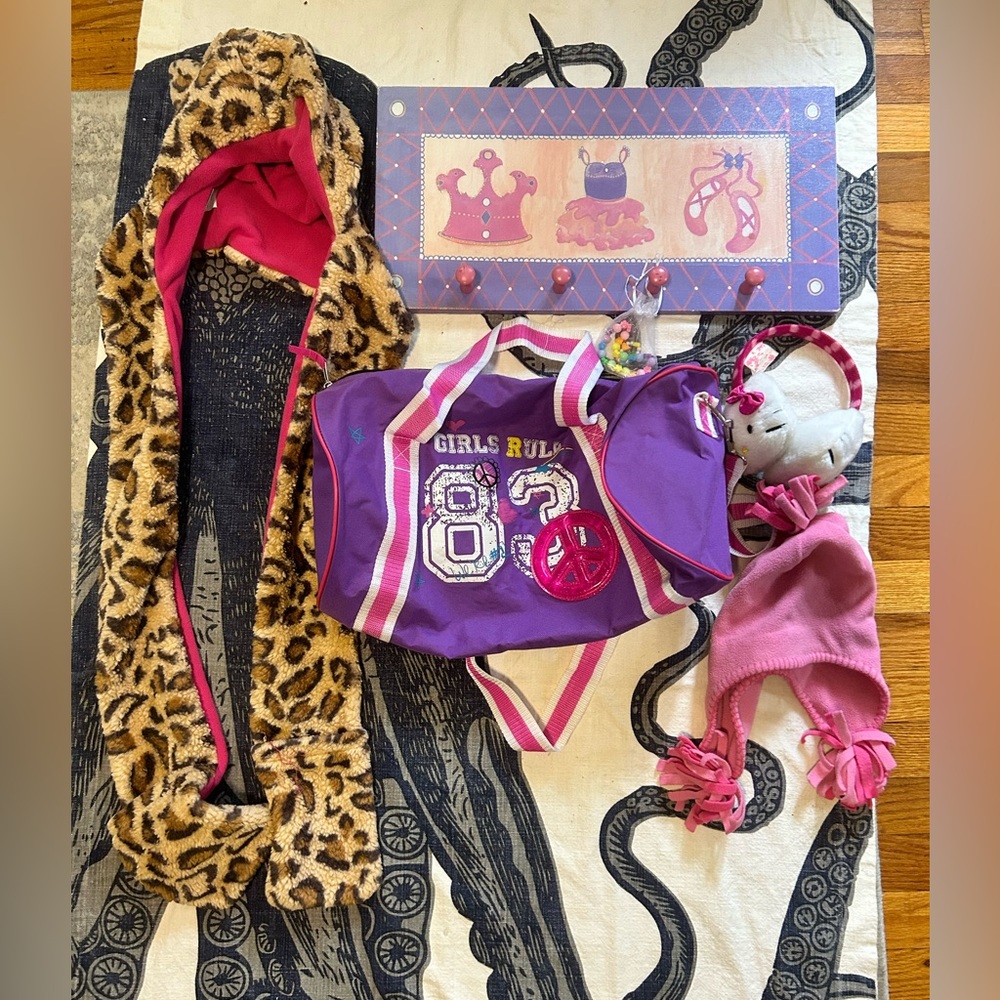 Girl’s Hello Kitty earmuffs , mittens/hat/scarf and ballerina wall hanging.